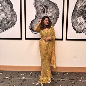 Fully handwork golden saree so it is very heavy,blouse petticoat belt plus bag